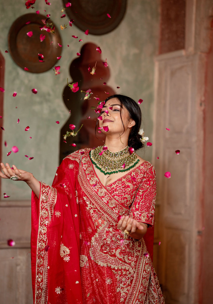 Exquisite Crimson Charm Lehenga with hand-embroidery in Raw Silk, Customizable, Made to Order