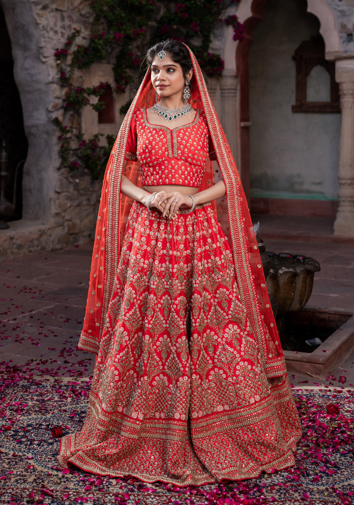 Exquisite Cerise Red Lehenga with hand-embroidery in Raw Silk,  Customizable, Made to Order
