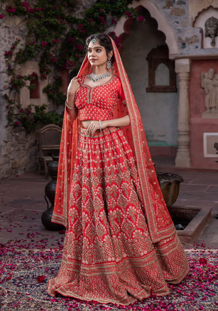 Exquisite Cerise Red Lehenga with hand-embroidery in Raw Silk,  Customizable, Made to Order