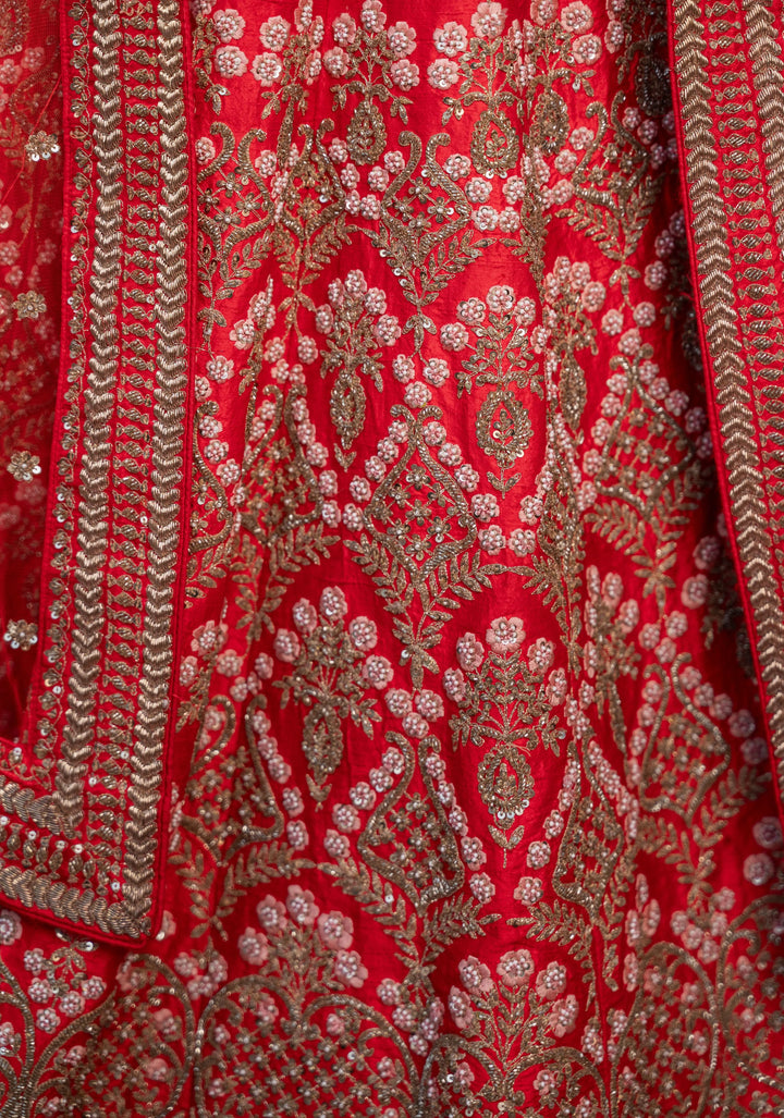 Exquisite Cerise Red Lehenga with hand-embroidery in Raw Silk,  Customizable, Made to Order