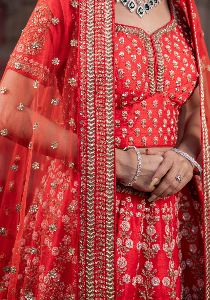 Exquisite Cerise Red Lehenga with hand-embroidery in Raw Silk,  Customizable, Made to Order