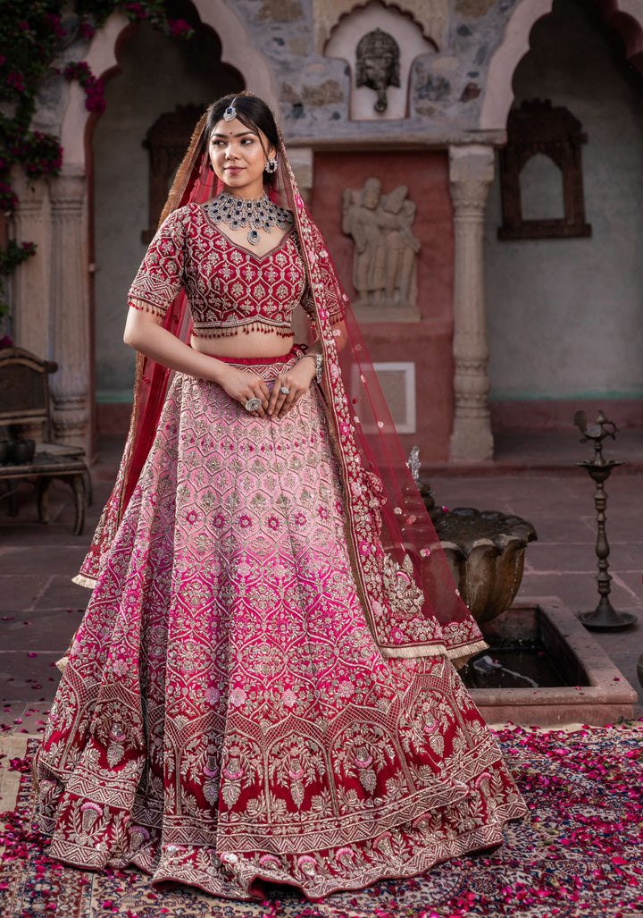 Exquisite Fuchsia Ombre Lehenga with hand-embroidery in Raw Silk, Customizable, Made to Order | SHOBITAM