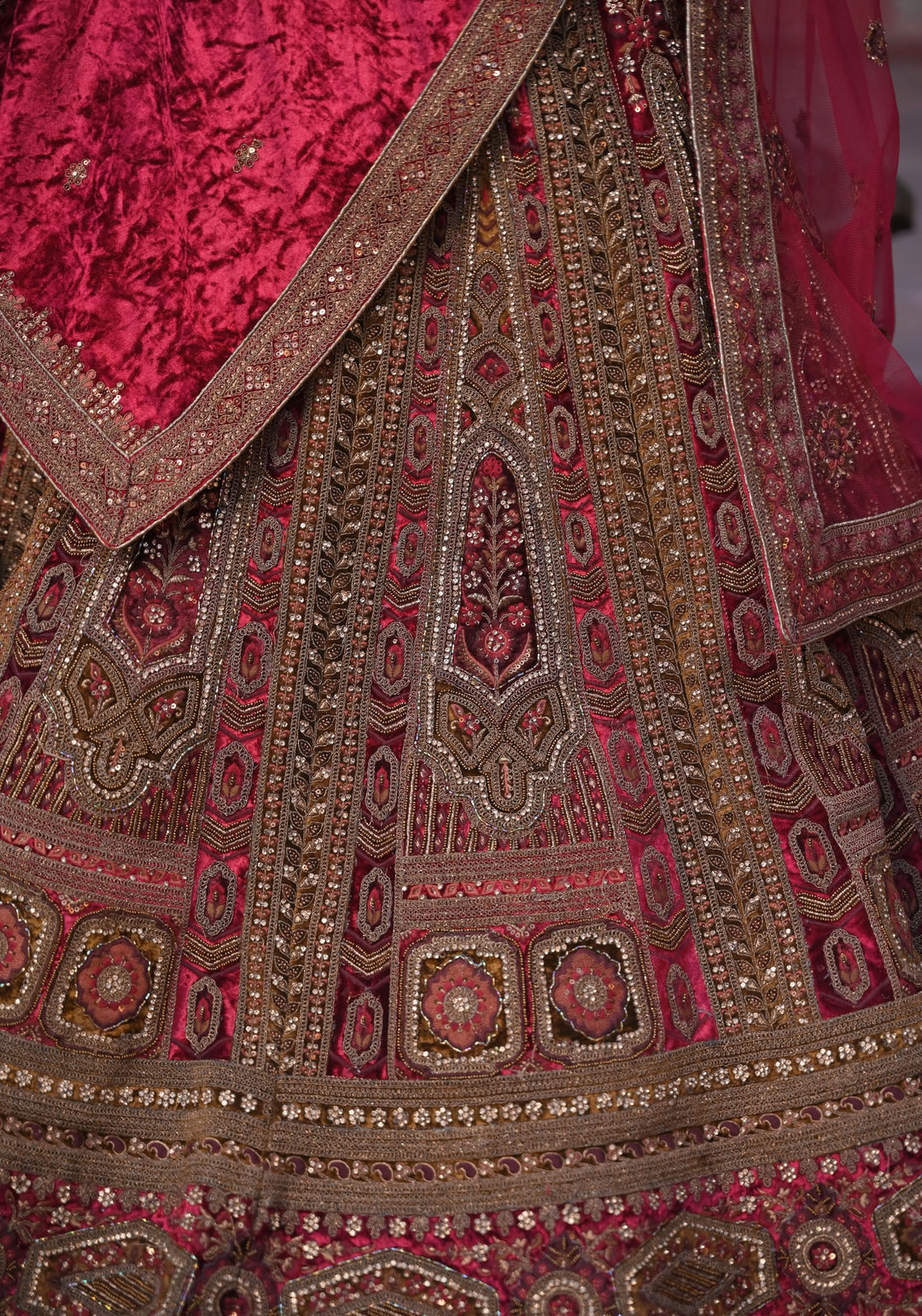 Lehenga: Exquisite Ruby Imperial Lehenga with hand-embroidery in Velvet , Customizable, Made to Order