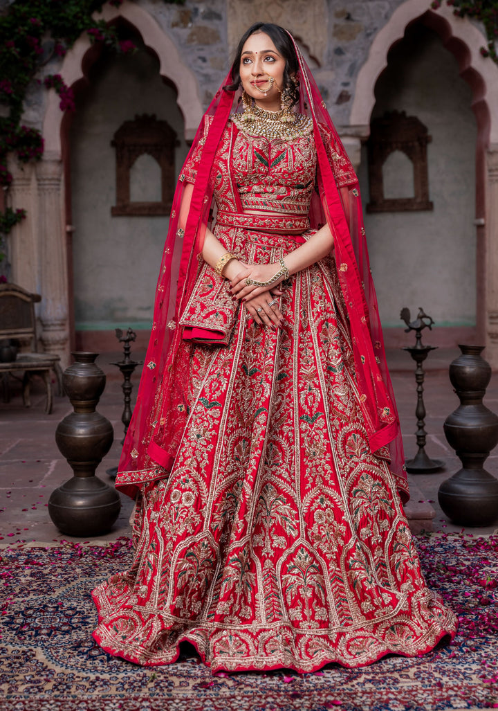 Exquisite Rouge Lehenga with hand-embroidery in Raw Silk, Customizable and Made to Order | SHOBITAM