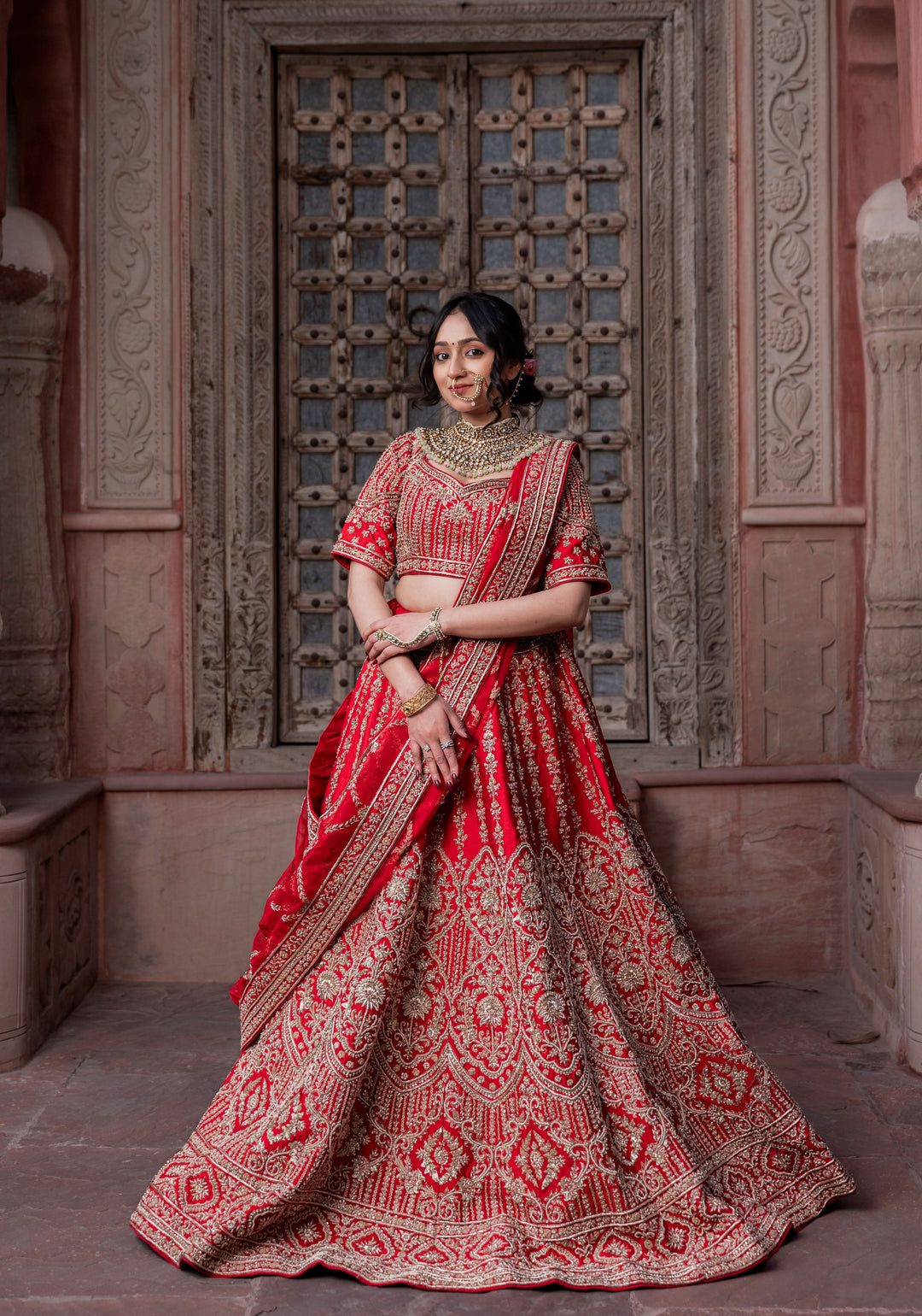 Exquisite Ida Red Lehenga with hand-embroidery in Raw Silk | Customizable, made to Order