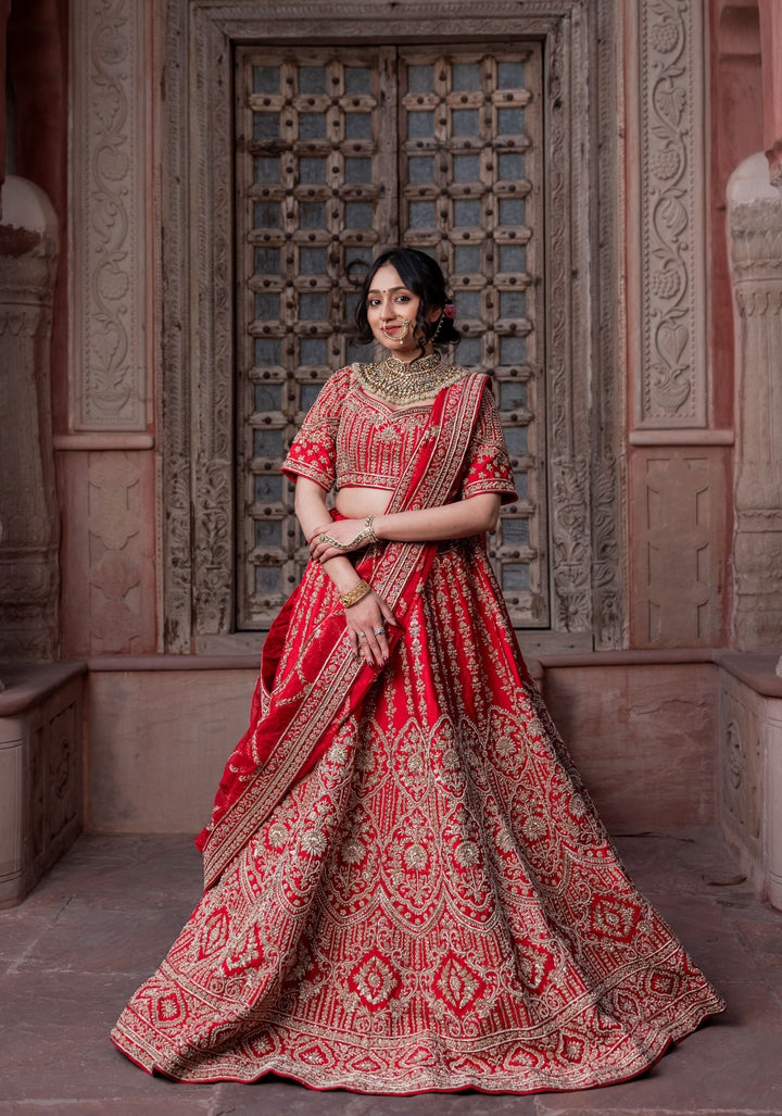 Exquisite Ida Red Lehenga with hand-embroidery in Raw Silk | Customizable, made to Order