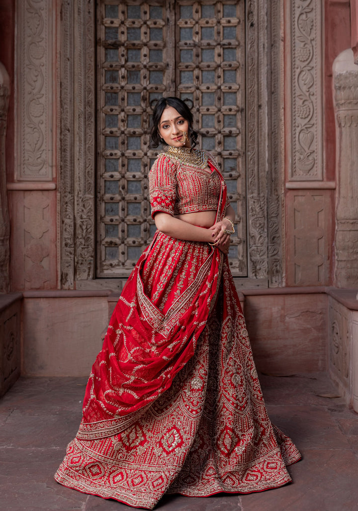 Exquisite Ida Red Lehenga with hand-embroidery in Raw Silk | Customizable, made to Order