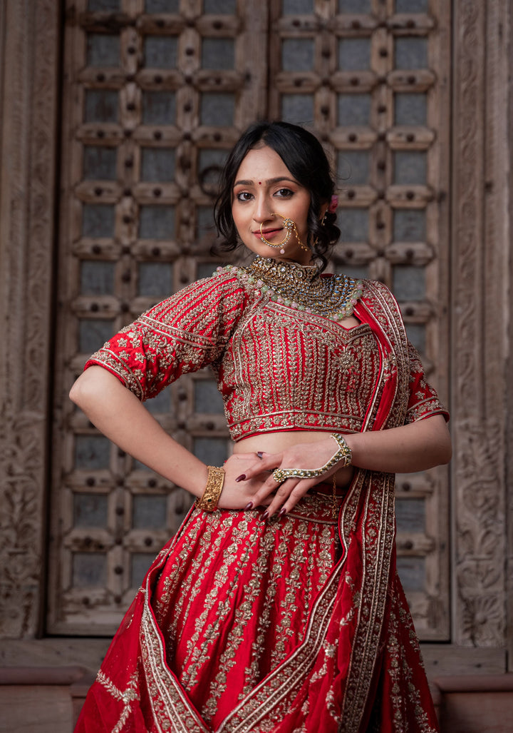 Exquisite Ida Red Lehenga with hand-embroidery in Raw Silk | Customizable, made to Order