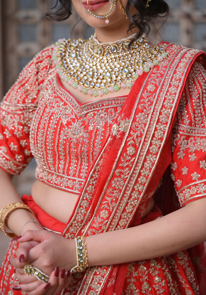 Exquisite Ida Red Lehenga with hand-embroidery in Raw Silk | Customizable, made to Order