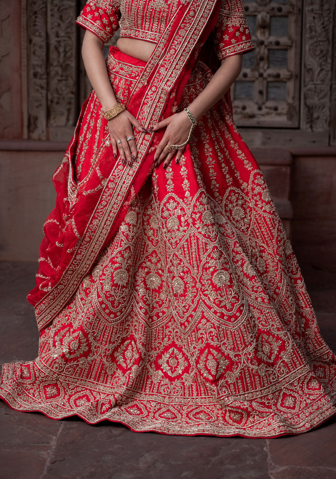 Exquisite Ida Red Lehenga with hand-embroidery in Raw Silk | Customizable, made to Order