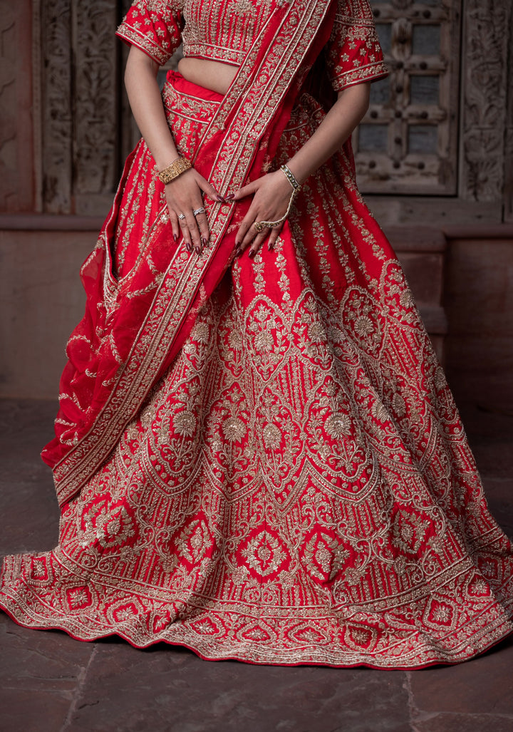 Exquisite Ida Red Lehenga with hand-embroidery in Raw Silk | Customizable, made to Order