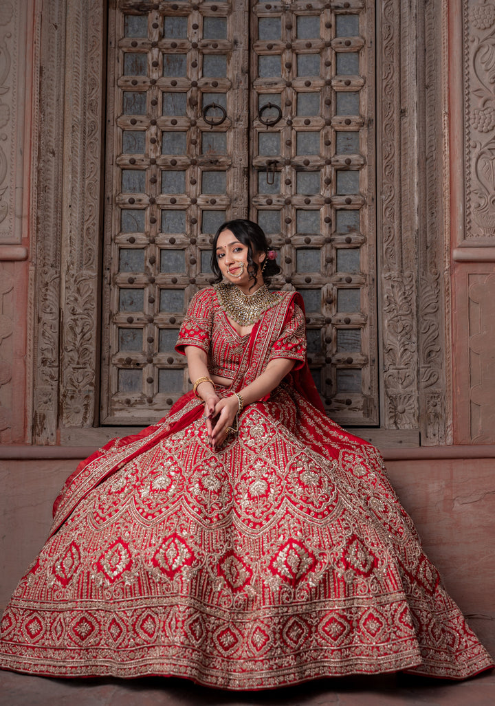 Exquisite Ida Red Lehenga with hand-embroidery in Raw Silk | Customizable, made to Order