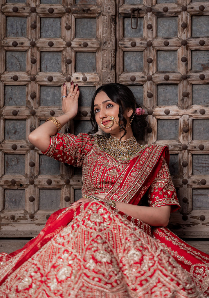 Exquisite Ida Red Lehenga with hand-embroidery in Raw Silk | Customizable, made to Order