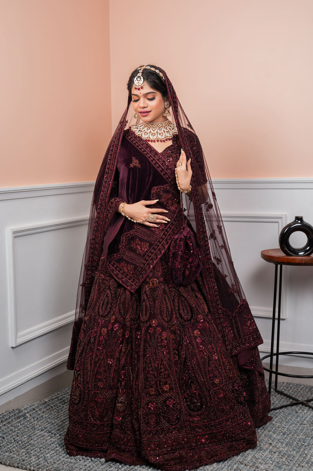 Deep Burgundy Bridal Lehenga with Double Dupatta, Customizable, Made to Order