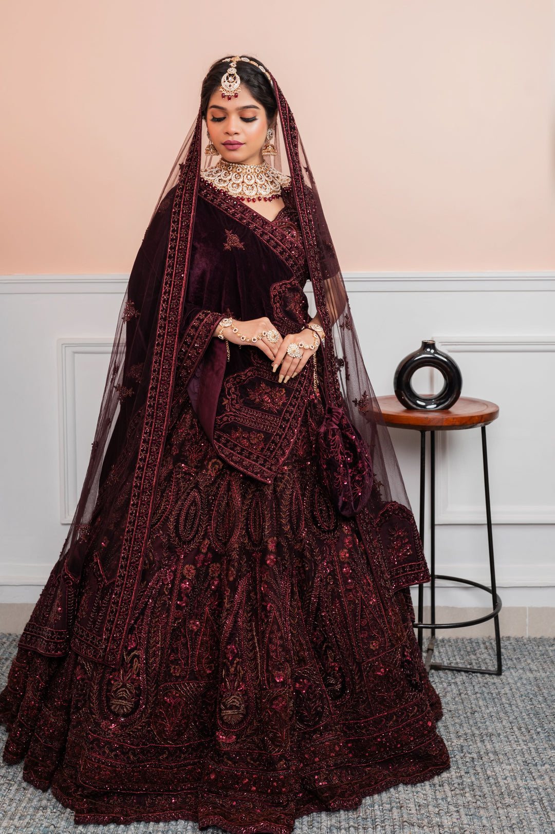 Deep Burgundy Bridal Lehenga with Double Dupatta, Customizable, Made to Order