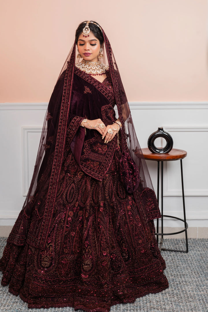 Deep Burgundy Bridal Lehenga with Double Dupatta, Customizable, Made to Order