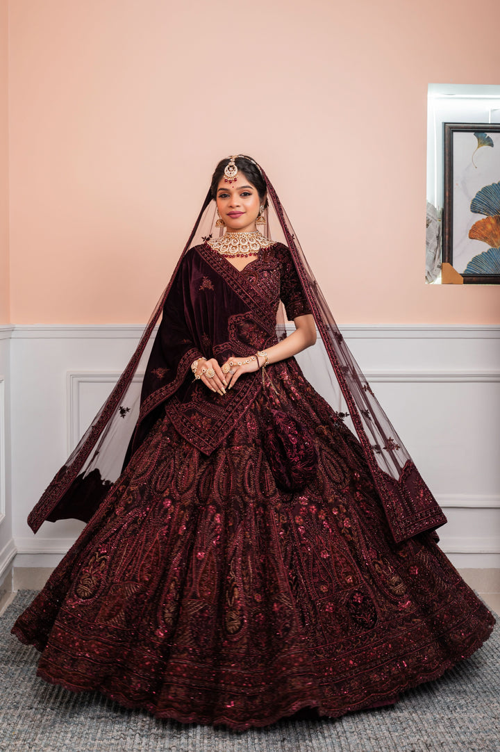 Deep Burgundy Bridal Lehenga with Double Dupatta, Customizable, Made to Order