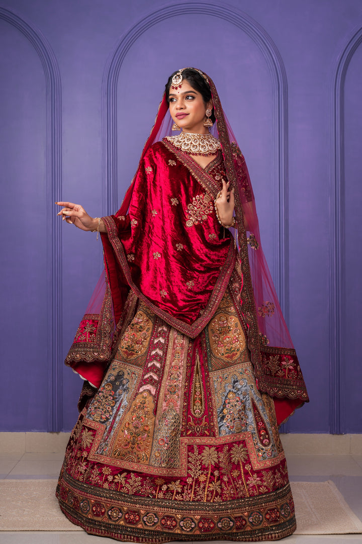 Charming panel Design Velvet Lehenga with 2 dupattas,  Customizable, Made to Order