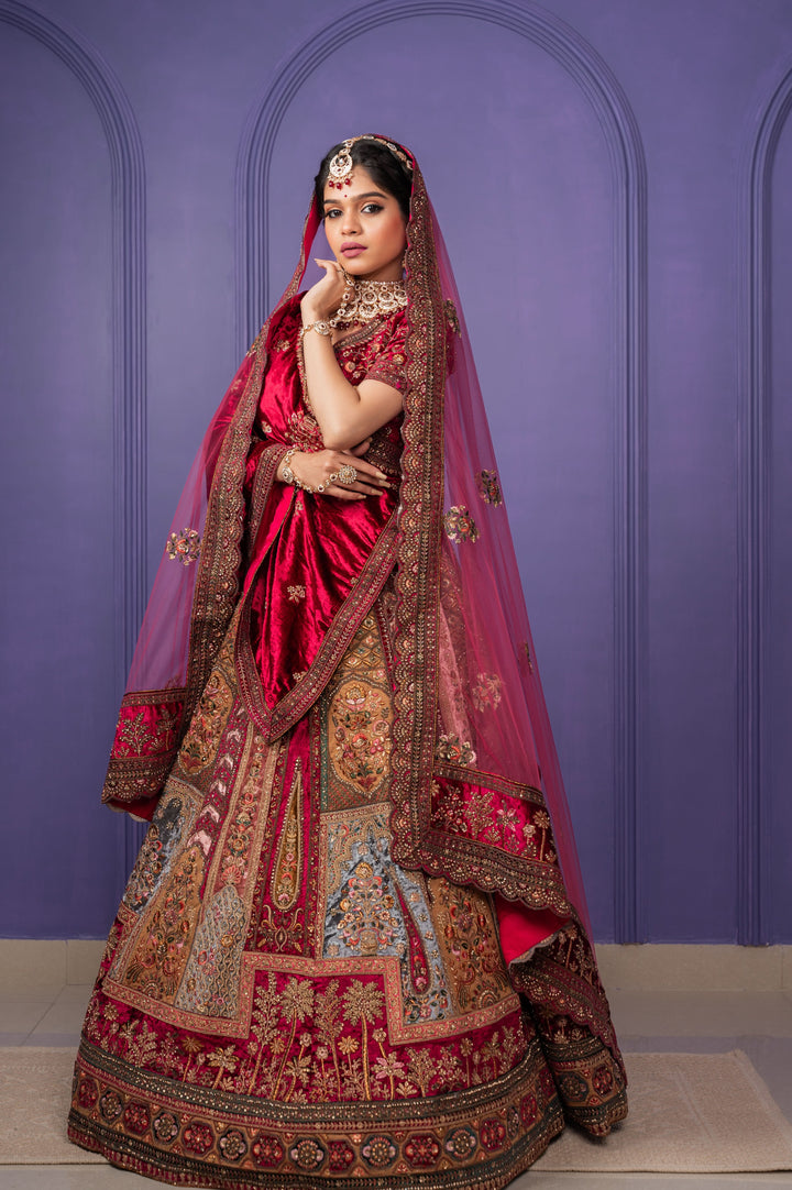 Charming panel Design Velvet Lehenga with 2 dupattas,  Customizable, Made to Order