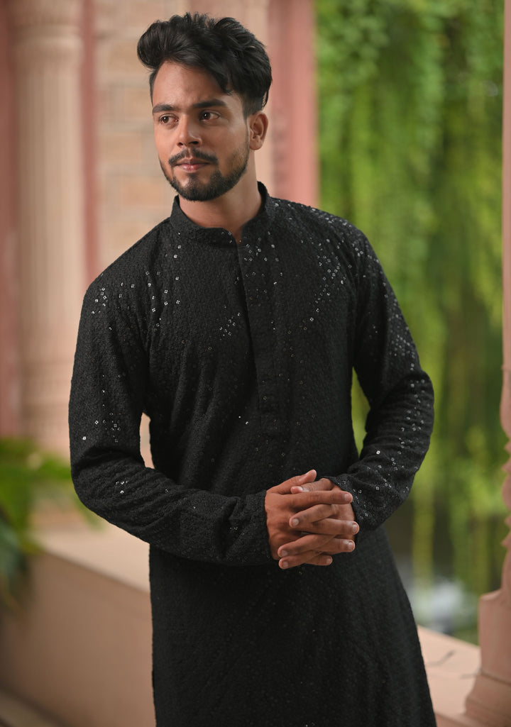 Black  Embroidered and sequin embellished Kurta Pajama Set for Men, Multiple Size | Ethnic Menswear by Shobitam