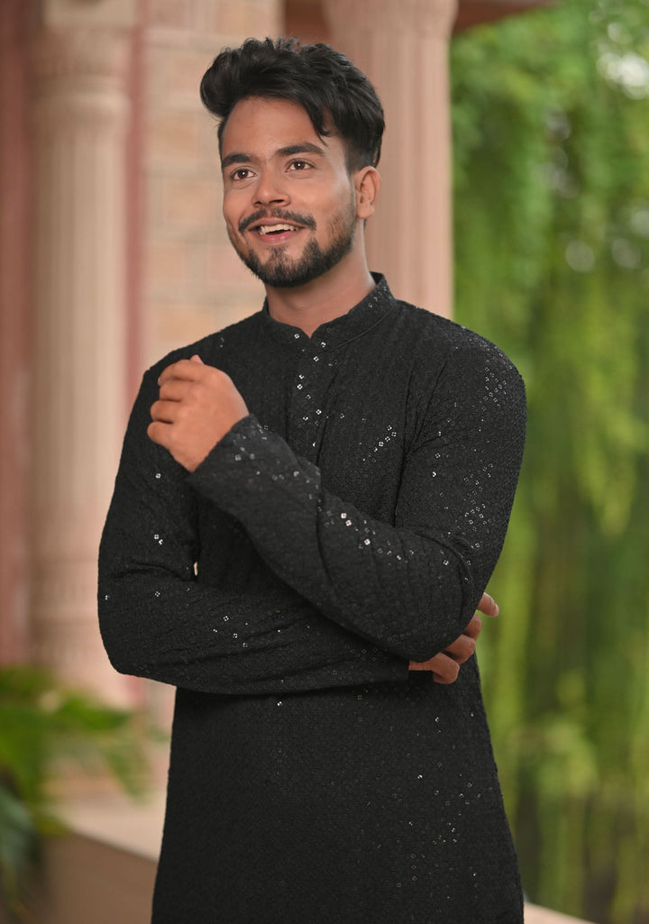 Black  Embroidered and sequin embellished Kurta Pajama Set for Men, Multiple Size | Ethnic Menswear by Shobitam