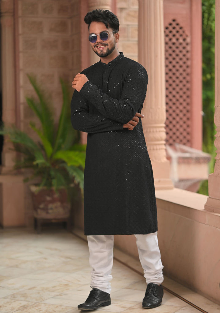 Black  Embroidered and sequin embellished Kurta Pajama Set for Men, Multiple Size | Ethnic Menswear by Shobitam
