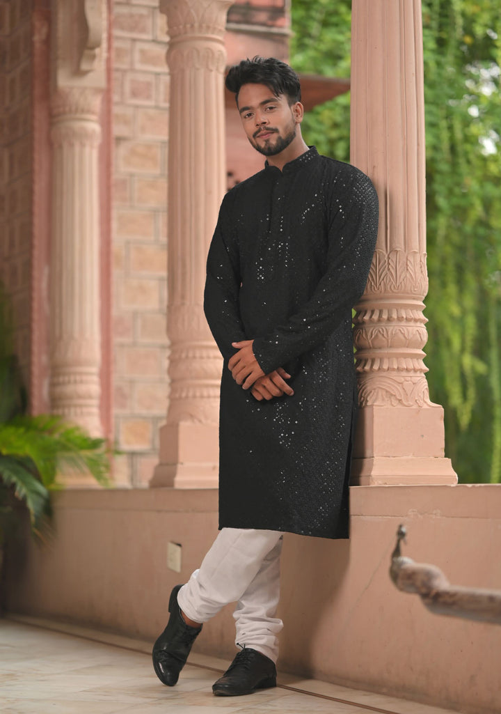 Black  Embroidered and sequin embellished Kurta Pajama Set for Men, Multiple Size | Ethnic Menswear by Shobitam