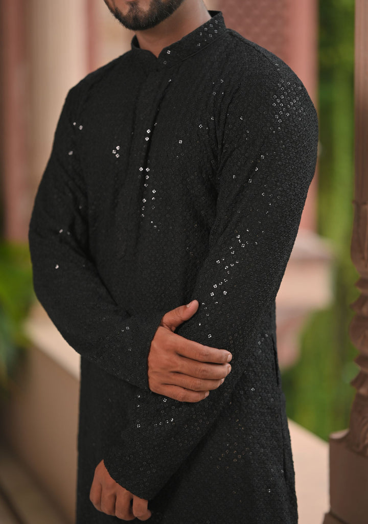 Black  Embroidered and sequin embellished Kurta Pajama Set for Men, Multiple Size | Ethnic Menswear by Shobitam