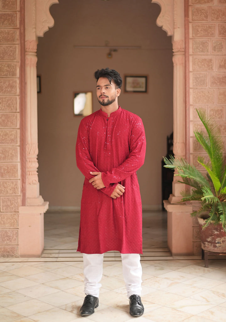 Maroon Embroidered and sequin embellished Kurta Pajama Set for Men, Multiple Size | Ethnic Menswear by Shobitam