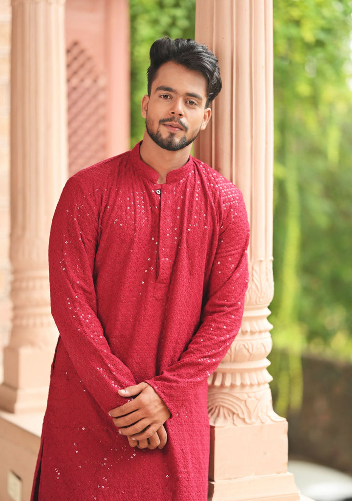 Maroon Embroidered and sequin embellished Kurta Pajama Set for Men, Multiple Size | Ethnic Menswear by Shobitam