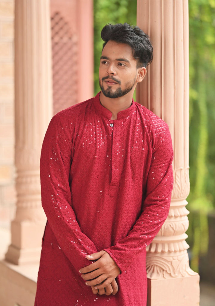 Maroon Embroidered and sequin embellished Kurta Pajama Set for Men, Multiple Size | Ethnic Menswear by Shobitam