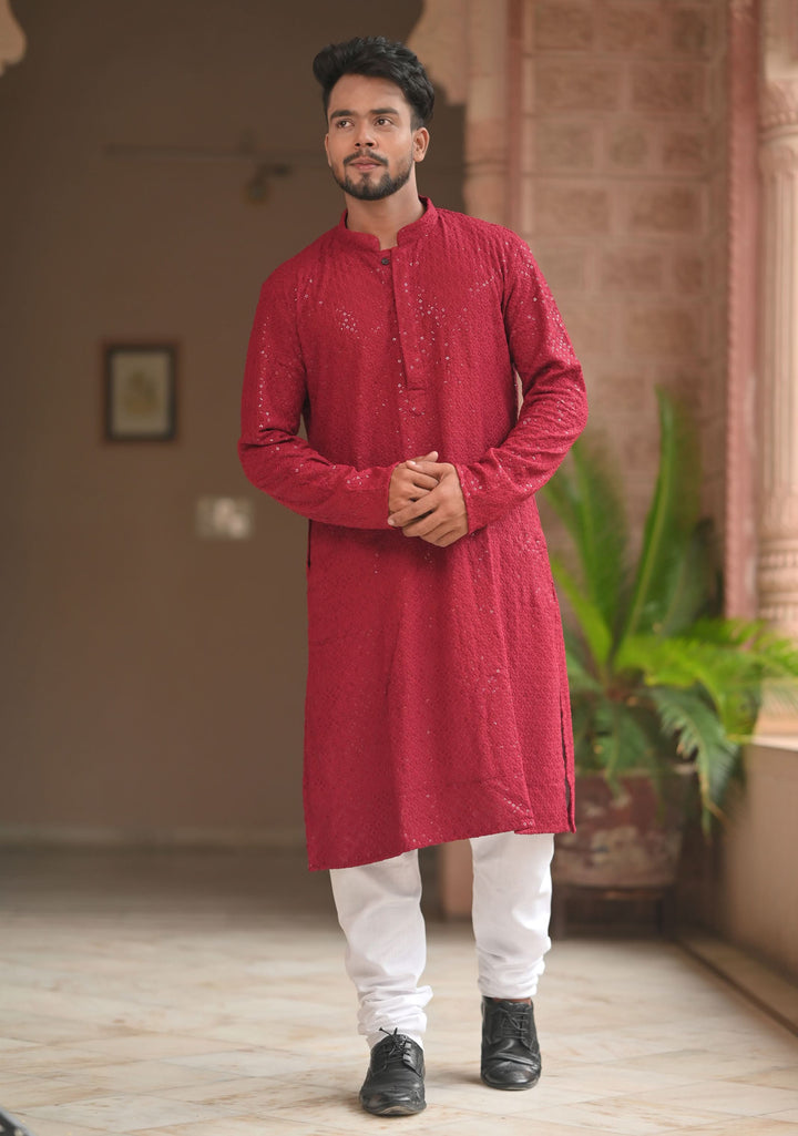 Maroon Embroidered and sequin embellished Kurta Pajama Set for Men, Multiple Size | Ethnic Menswear by Shobitam