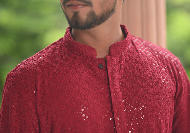 Maroon Embroidered and sequin embellished Kurta Pajama Set for Men, Multiple Size | Ethnic Menswear by Shobitam