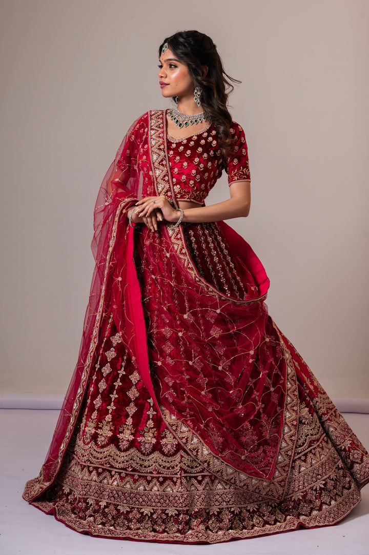Exclusive Red Velvet Bridal Lehenga with Ornate embroidery, Customizable, Made to Order