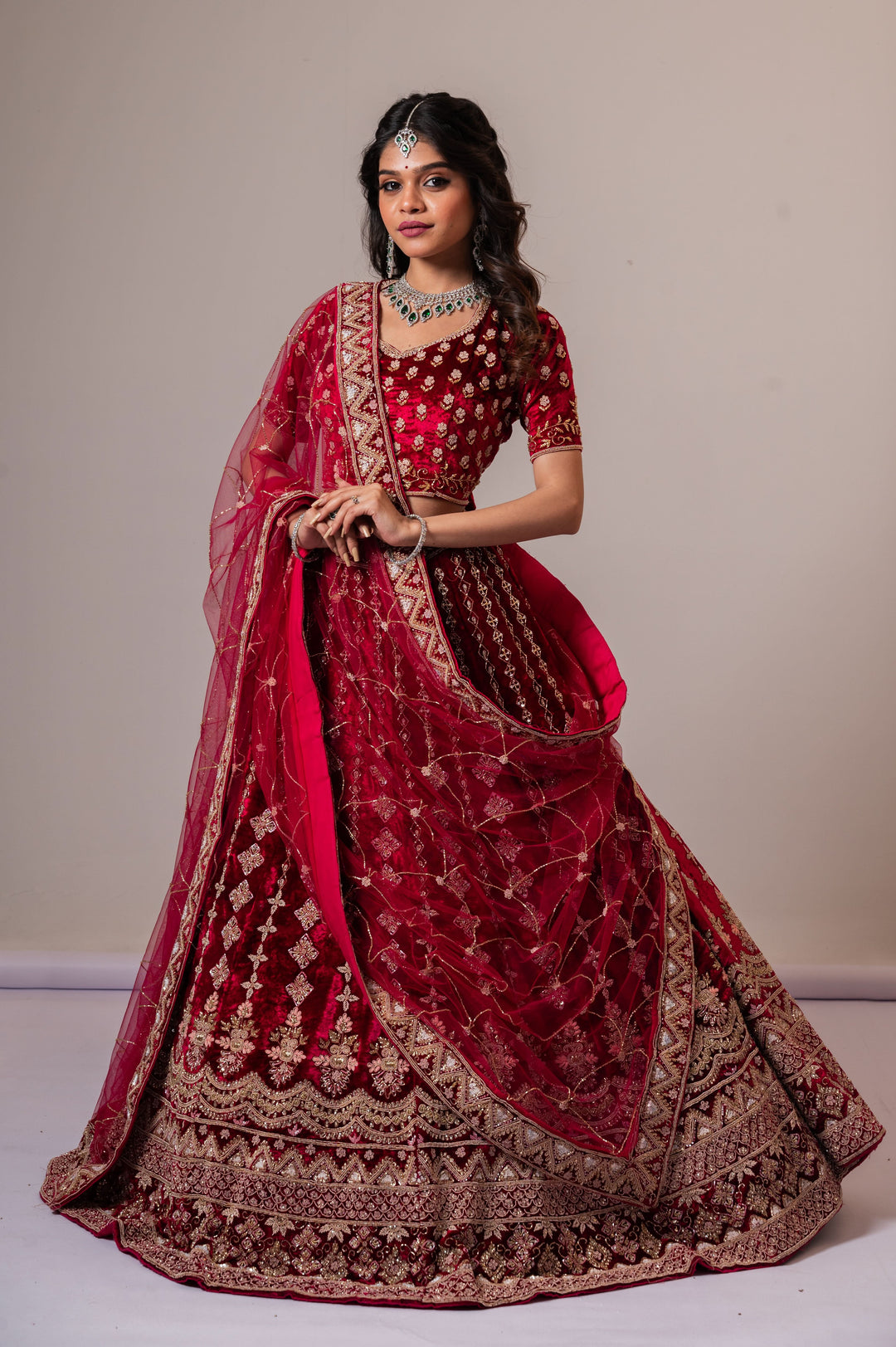 Exclusive Red Velvet Bridal Lehenga with Ornate embroidery, Customizable, Made to Order