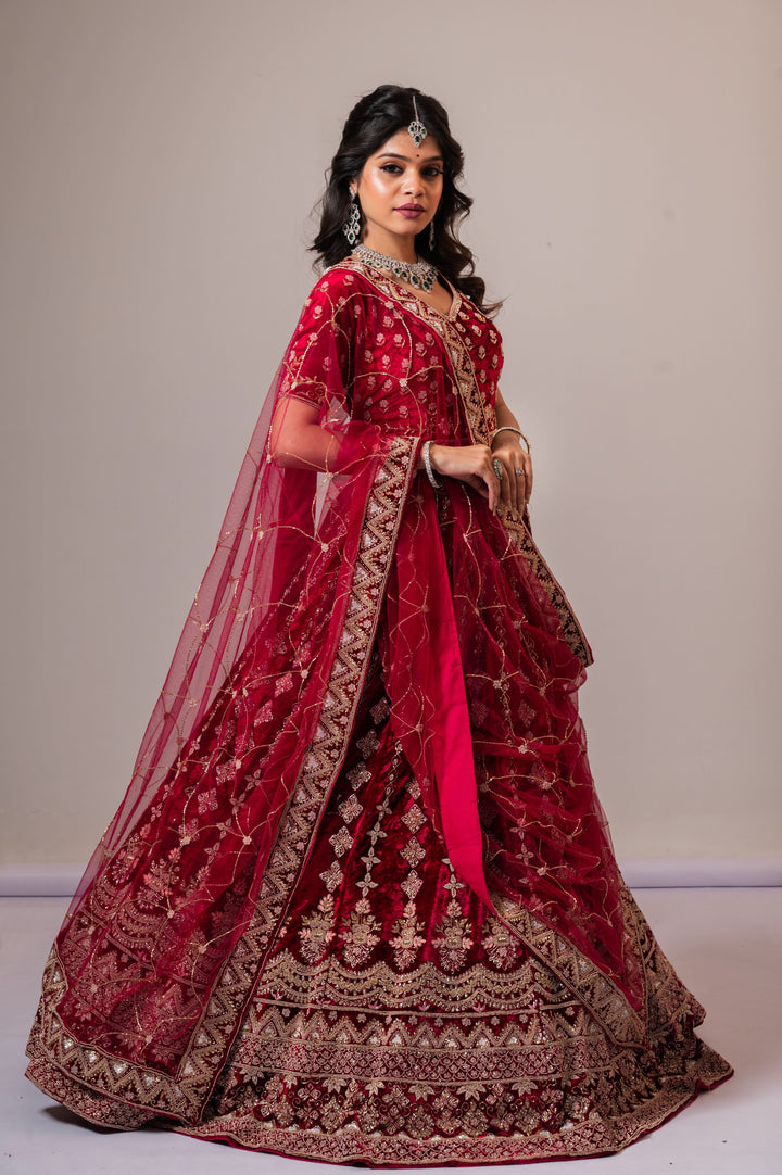Exclusive Red Velvet Bridal Lehenga with Ornate embroidery, Customizable, Made to Order