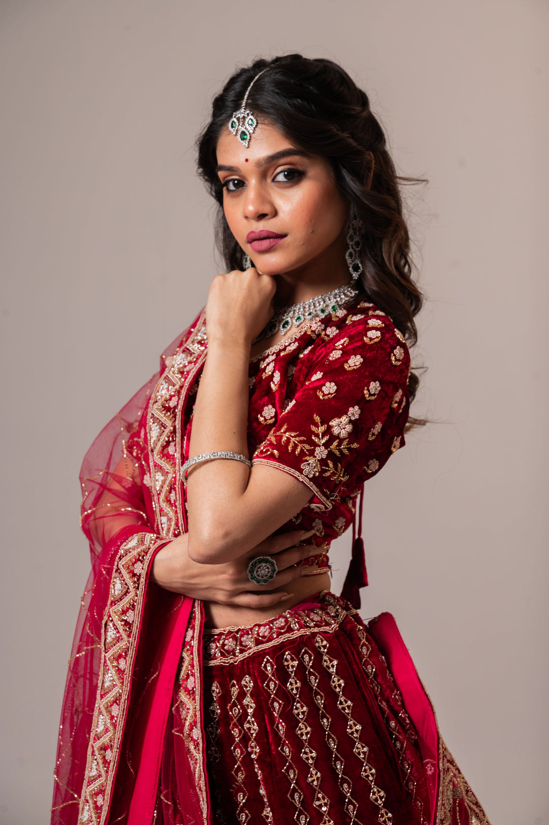 Exclusive Red Velvet Bridal Lehenga with Ornate embroidery, Customizable, Made to Order