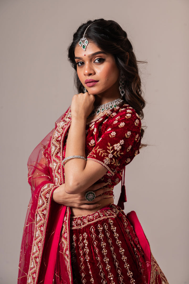 Exclusive Red Velvet Bridal Lehenga with Ornate embroidery, Customizable, Made to Order