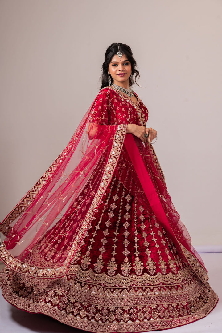 Exclusive Red Velvet Bridal Lehenga with Ornate embroidery, Customizable, Made to Order