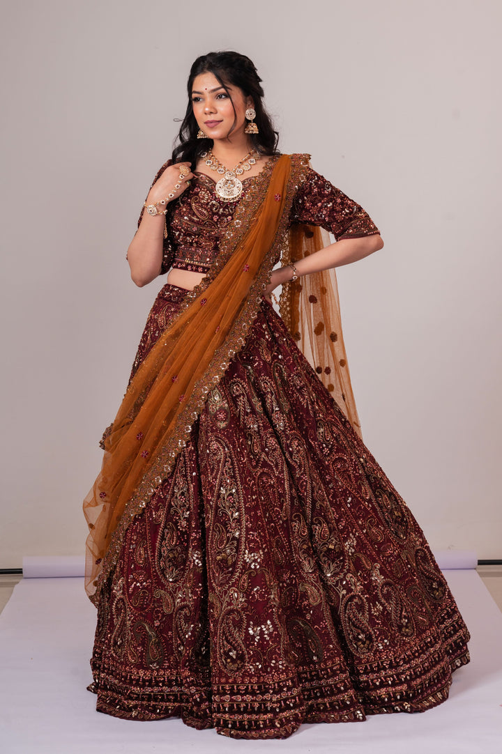 Maroon and Rust Lehenga with embroidery, Customizable, Made to Order