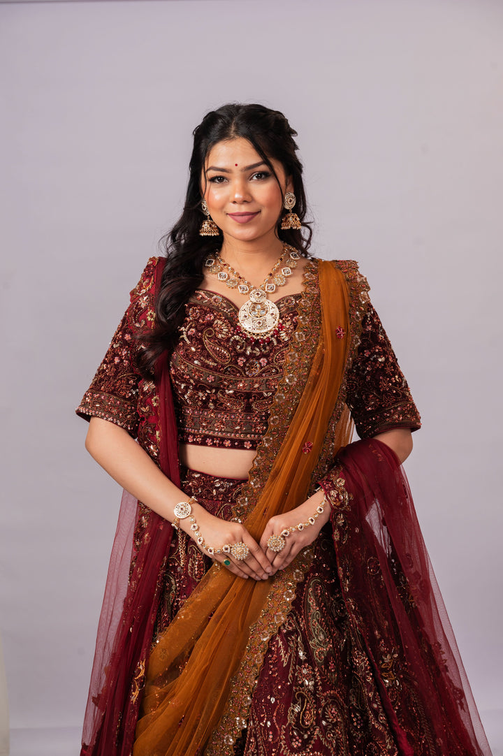 Maroon and Rust Lehenga with embroidery, Customizable, Made to Order