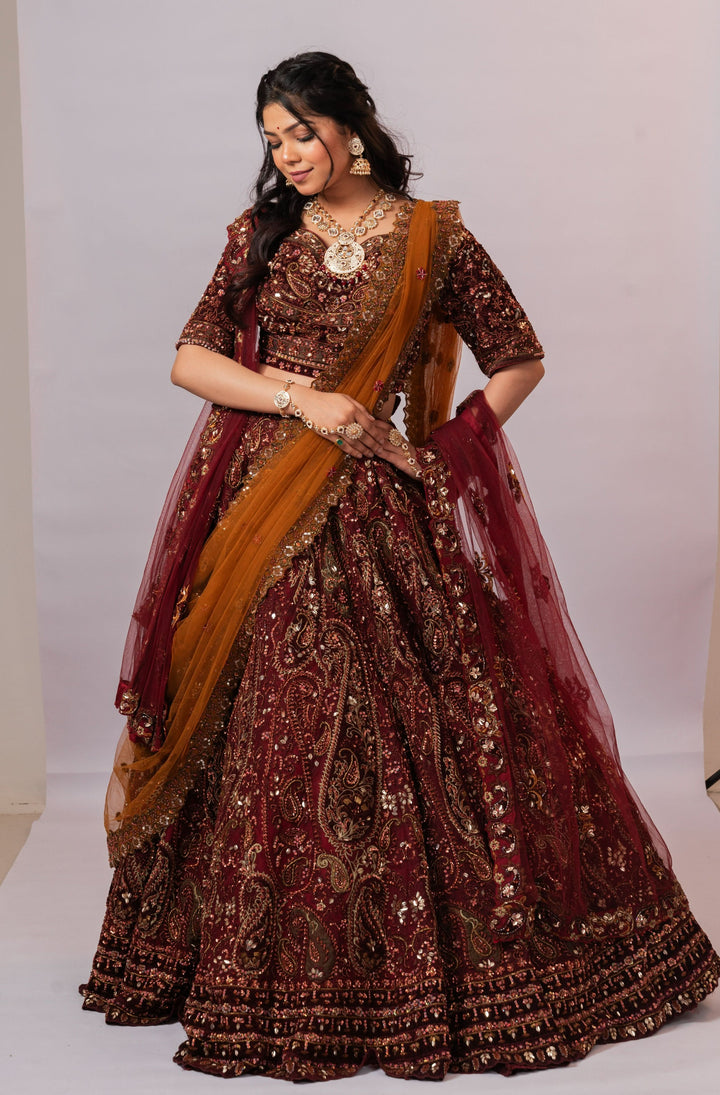 Maroon and Rust Lehenga with embroidery, Customizable, Made to Order