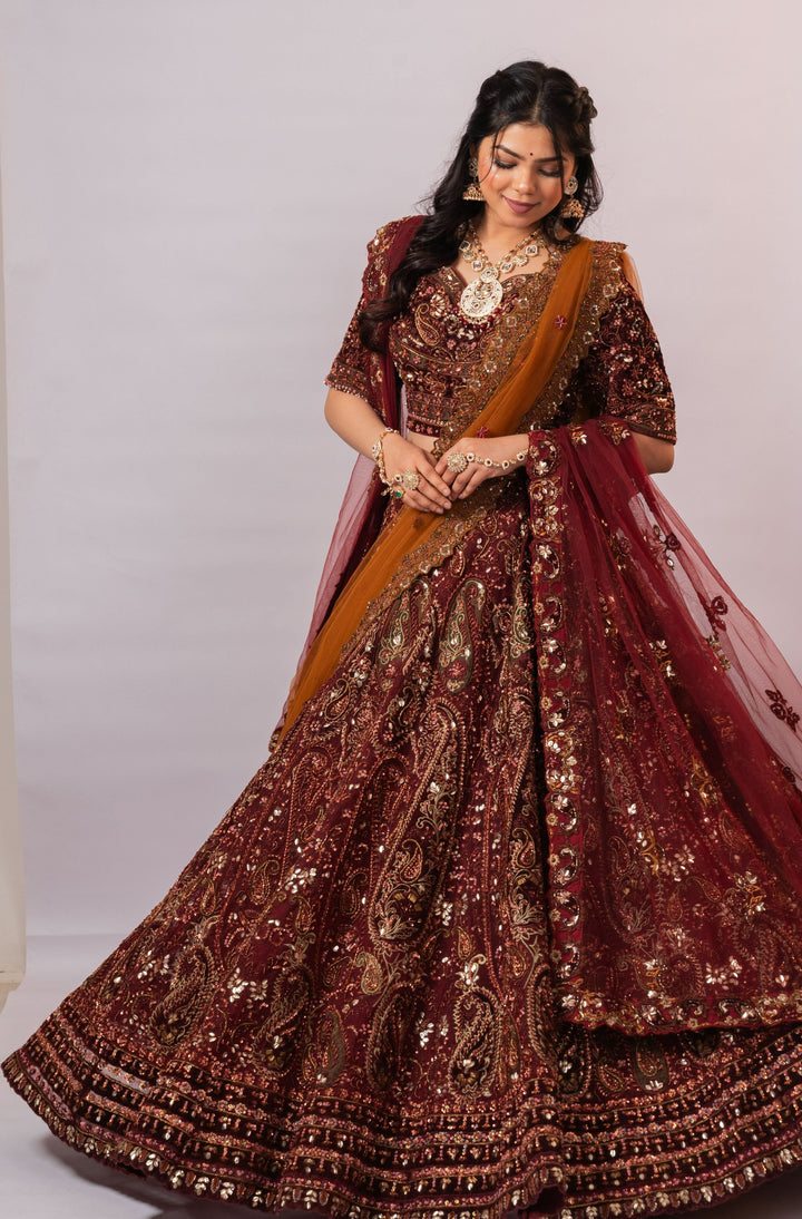 Maroon and Rust Lehenga with embroidery, Customizable, Made to Order