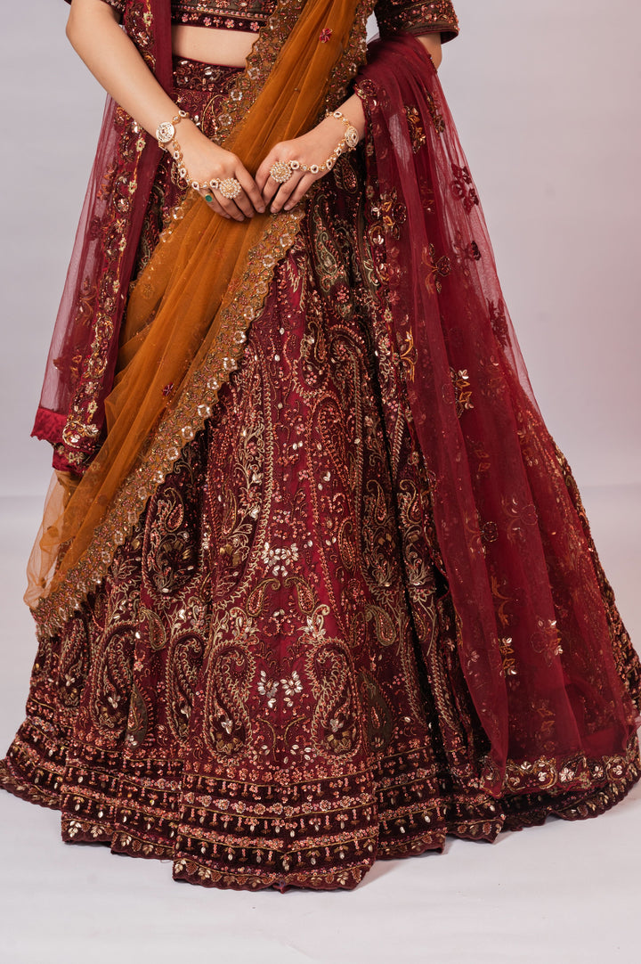 Maroon and Rust Lehenga with embroidery, Customizable, Made to Order