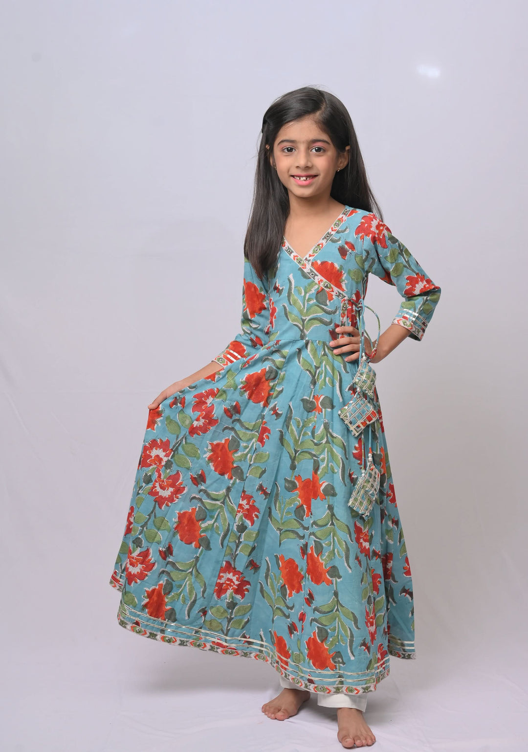 Firozi Pop Anarkali 3 piece suit with tassels | Made To Order