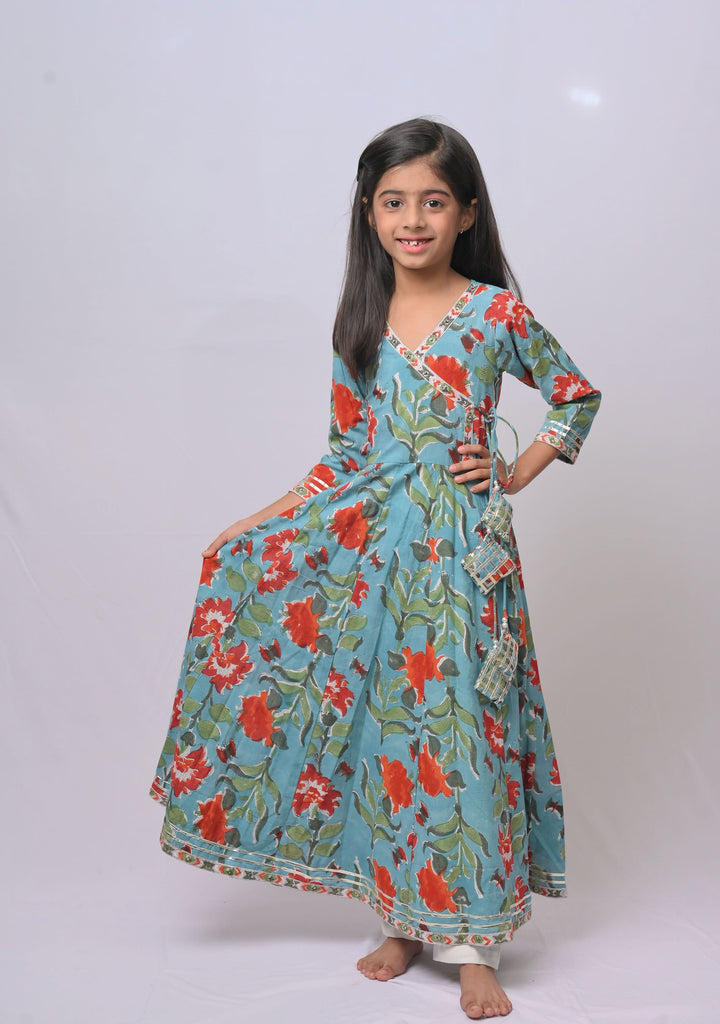 Firozi Pop Anarkali 3 piece suit with tassels | Made To Order