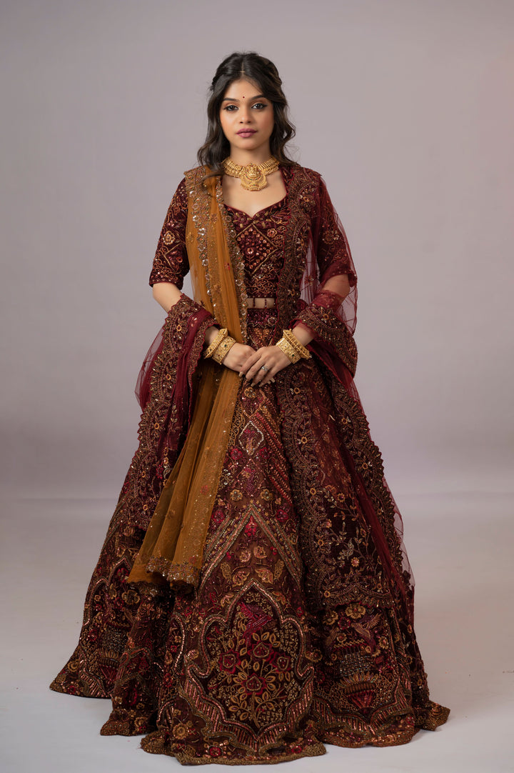 Brown and Ochre Embroidered Lehenga with 2 Dupattas, Customizable, Made to Order