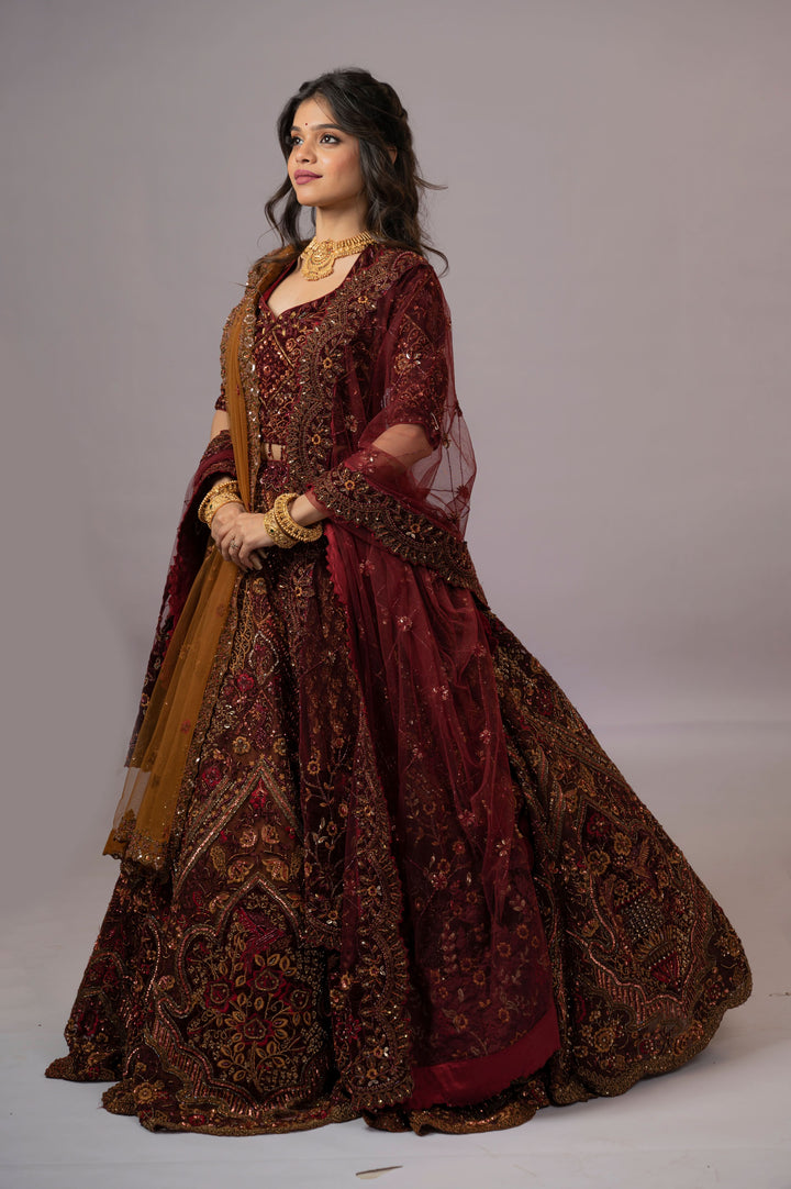 Brown and Ochre Embroidered Lehenga with 2 Dupattas, Customizable, Made to Order