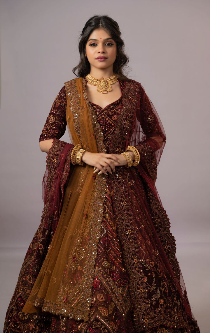 Brown and Ochre Embroidered Lehenga with 2 Dupattas, Customizable, Made to Order