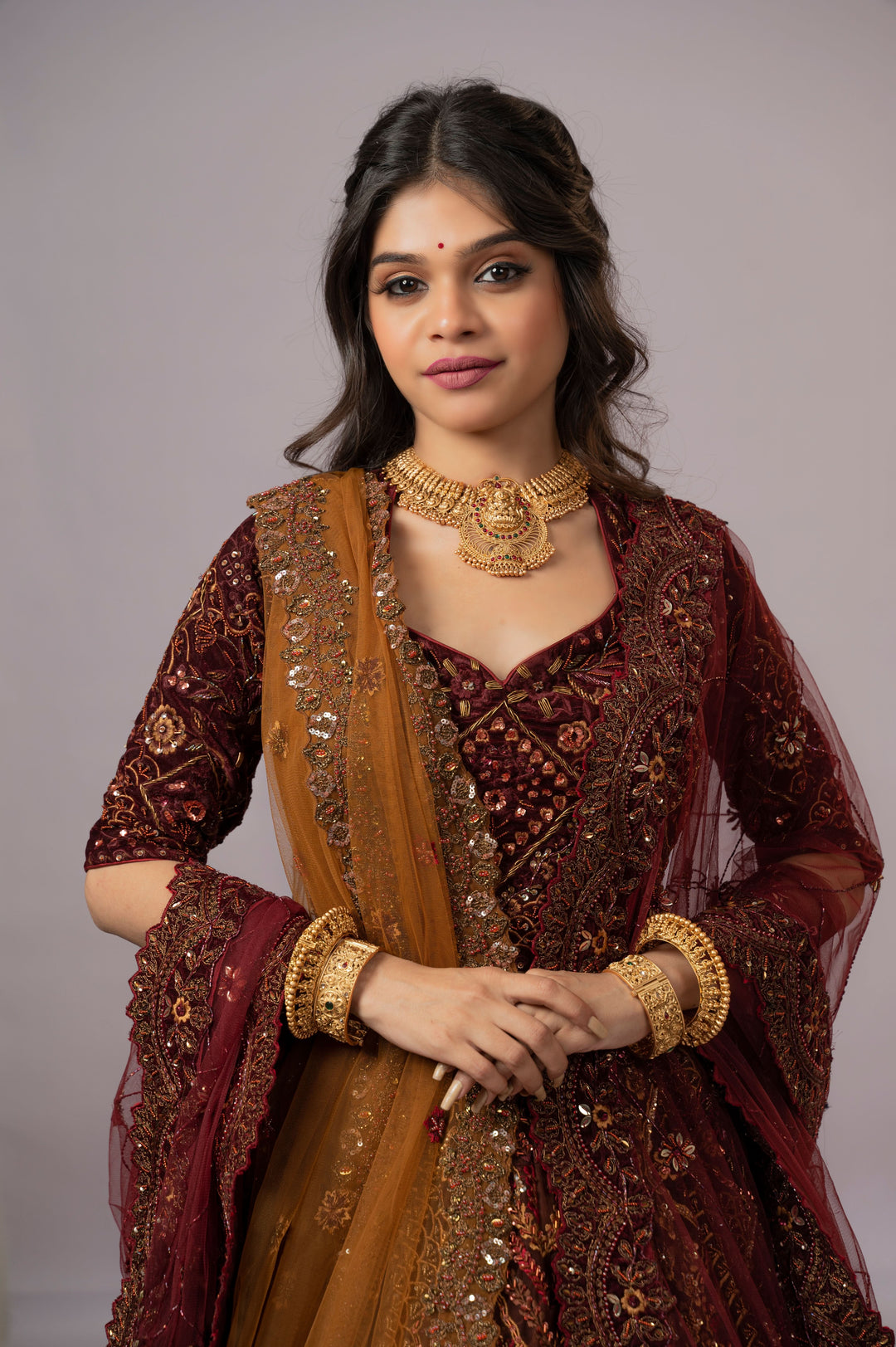 Brown and Ochre Embroidered Lehenga with 2 Dupattas, Customizable, Made to Order
